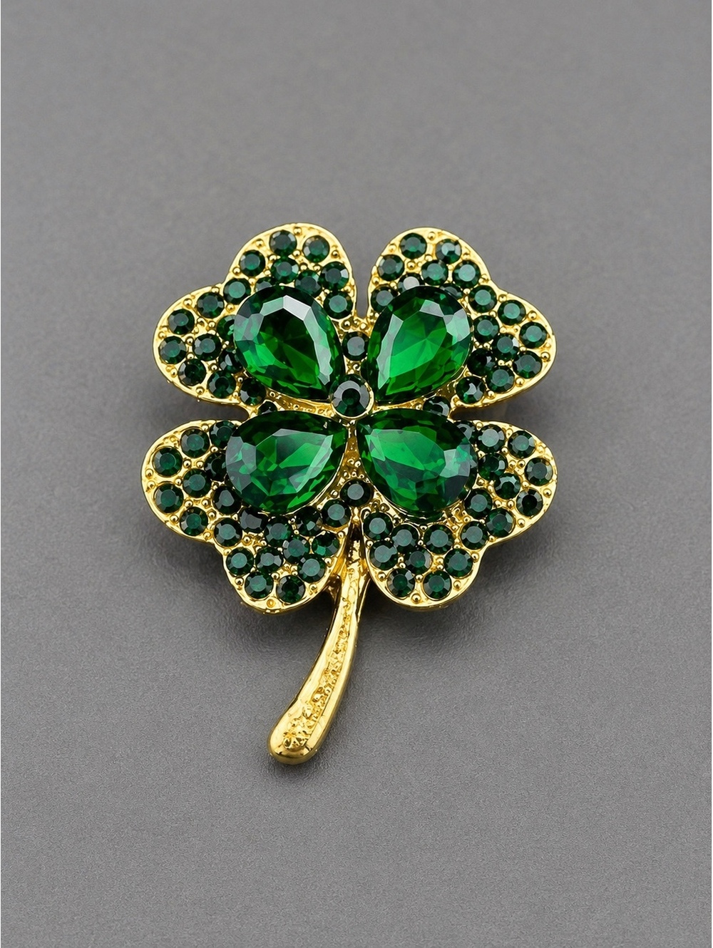 Green Crystal Four-Leaf Clover Brooch Pin